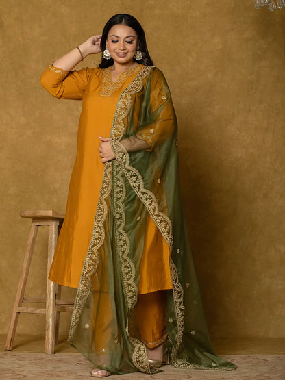 Mustard Silk Embroidered Plus Size Kurta Dupatta Set