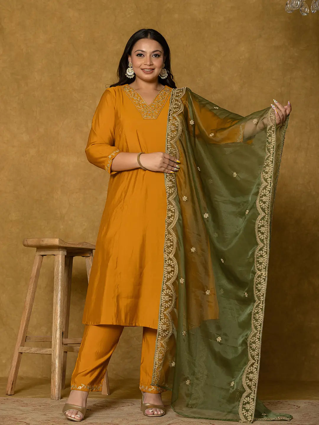Mustard Silk Embroidered Plus Size Kurta Dupatta Set