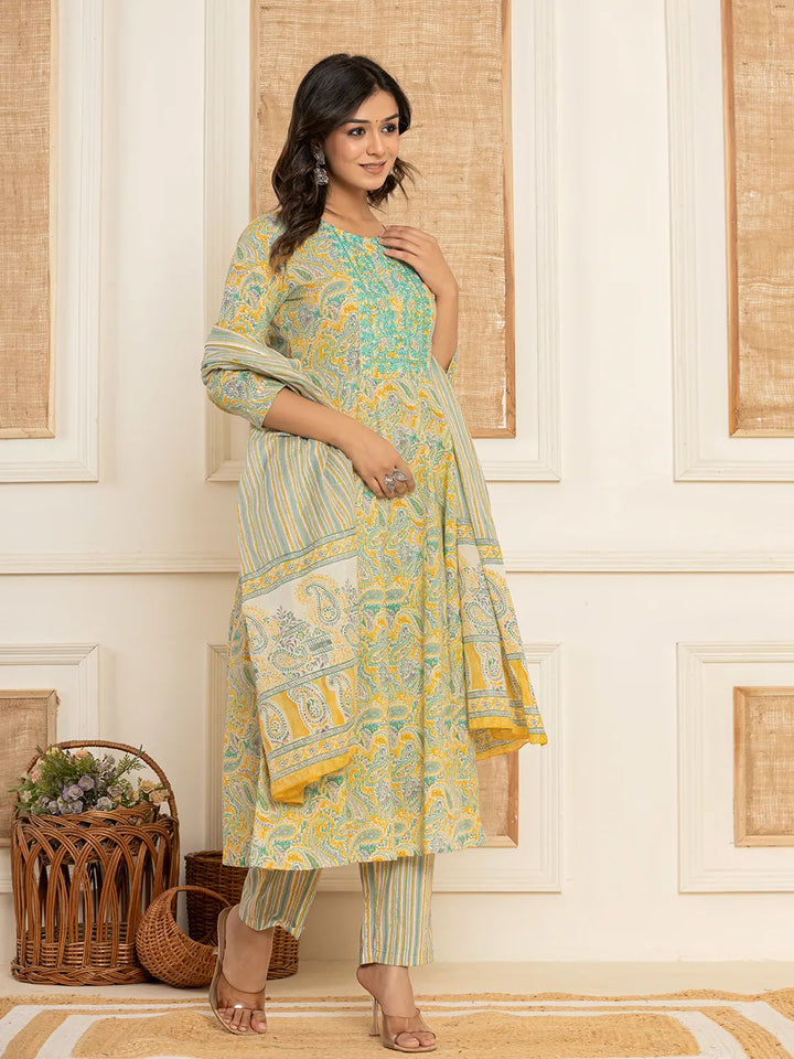 Mustard Thread Work Cotton Anarkali Kurta And Trousers With Dupatta Set