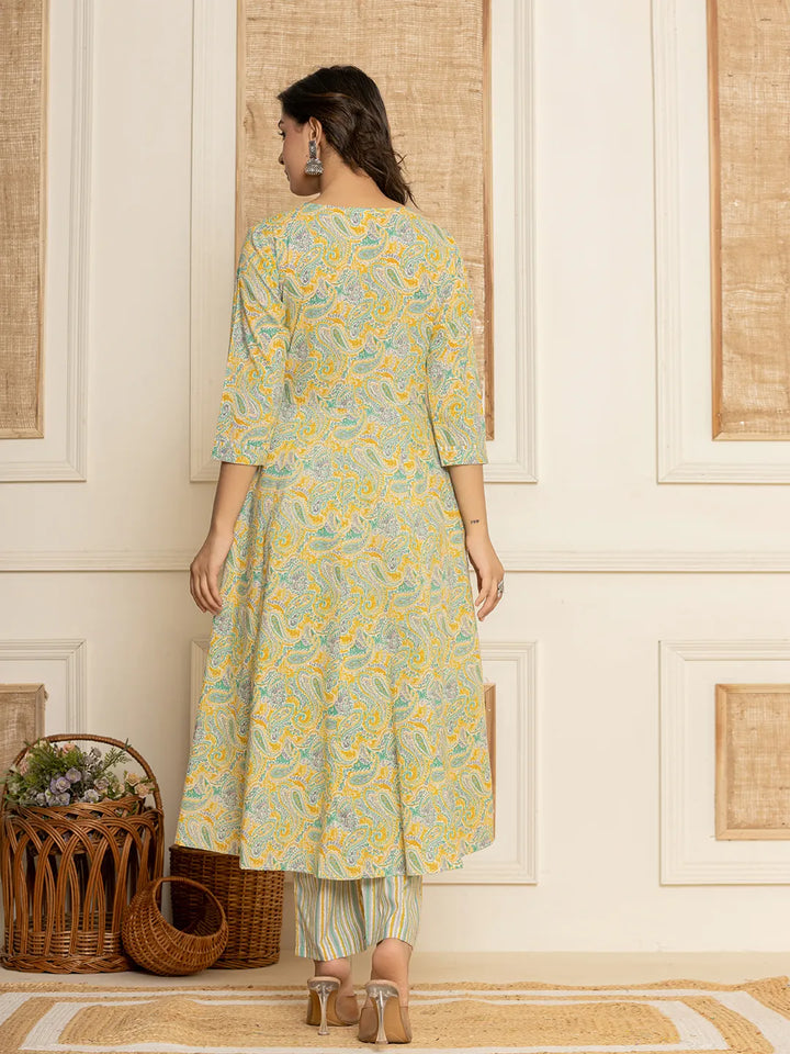 Mustard Thread Work Cotton Anarkali Kurta And Trousers With Dupatta Set
