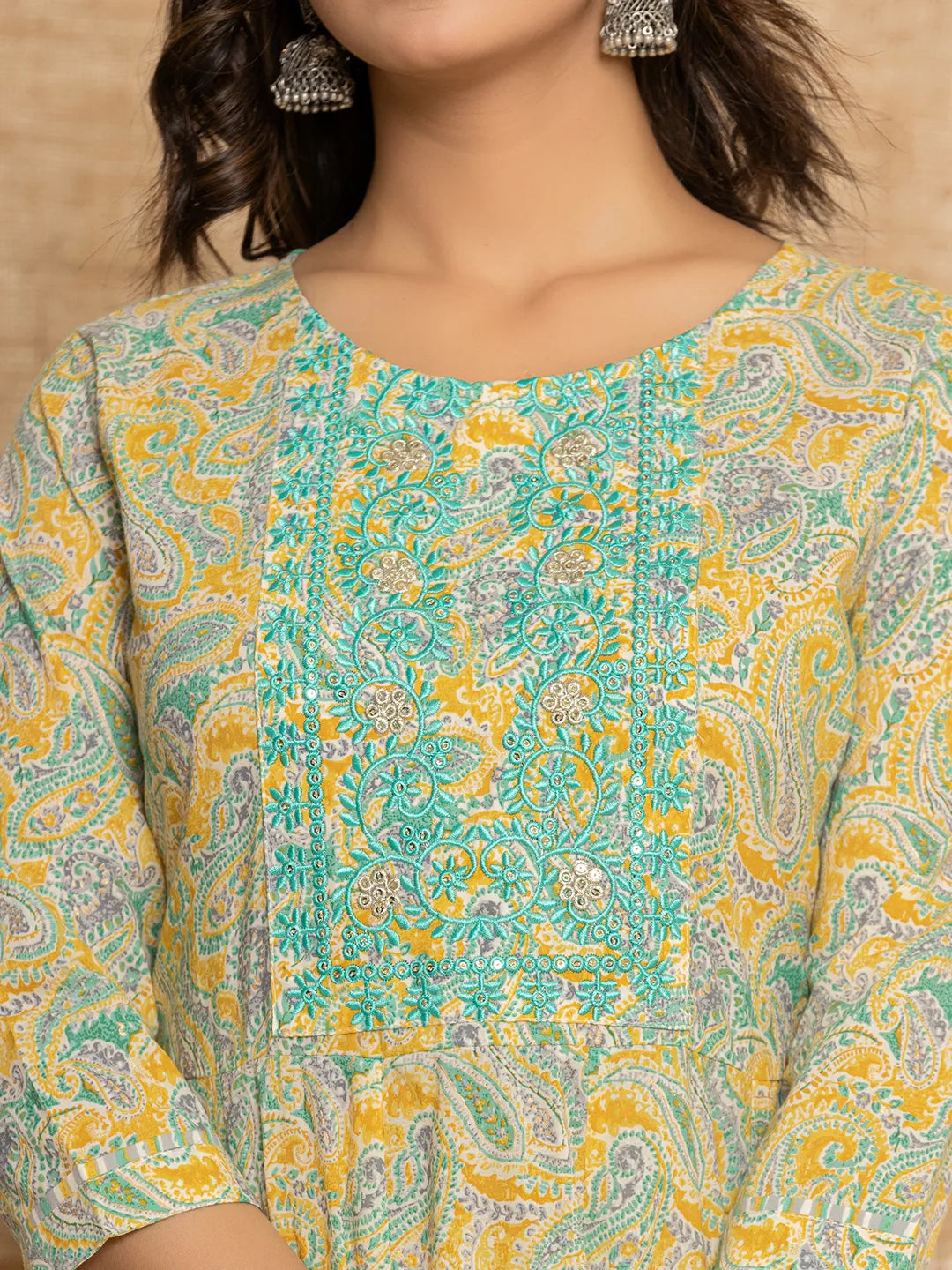 Mustard Thread Work Cotton Anarkali Kurta And Trousers With Dupatta Set