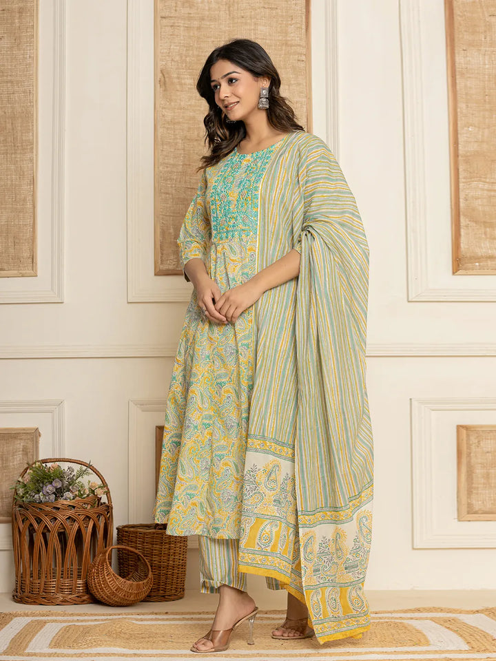 Mustard Thread Work Cotton Anarkali Kurta And Trousers With Dupatta Set