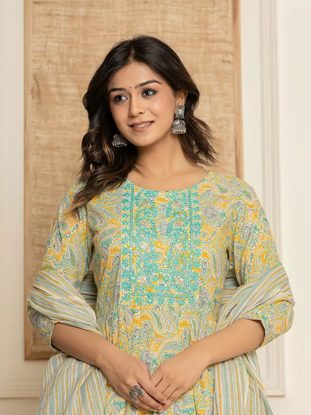 Mustard Thread Work Cotton Anarkali Kurta And Trousers With Dupatta Set