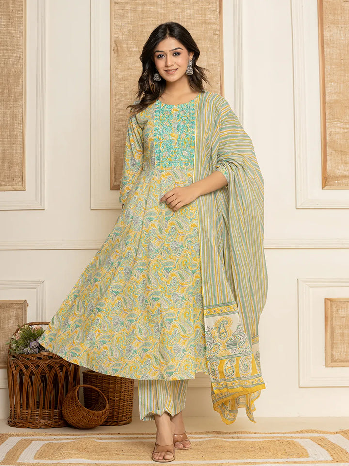 Mustard Thread Work Cotton Anarkali Kurta And Trousers With Dupatta Set