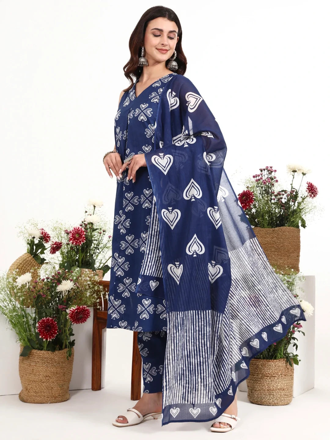 Navy Blue Cotton A-Line Kurta Pant Dupatta Set