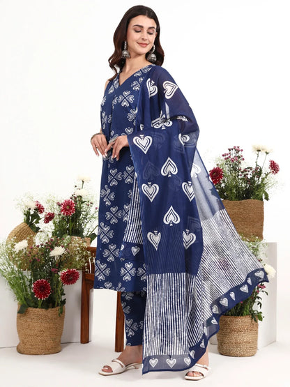 Navy Blue Cotton A-Line Kurta Pant Dupatta Set