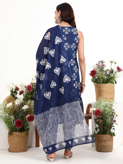 Navy Blue Cotton A-Line Kurta Pant Dupatta Set