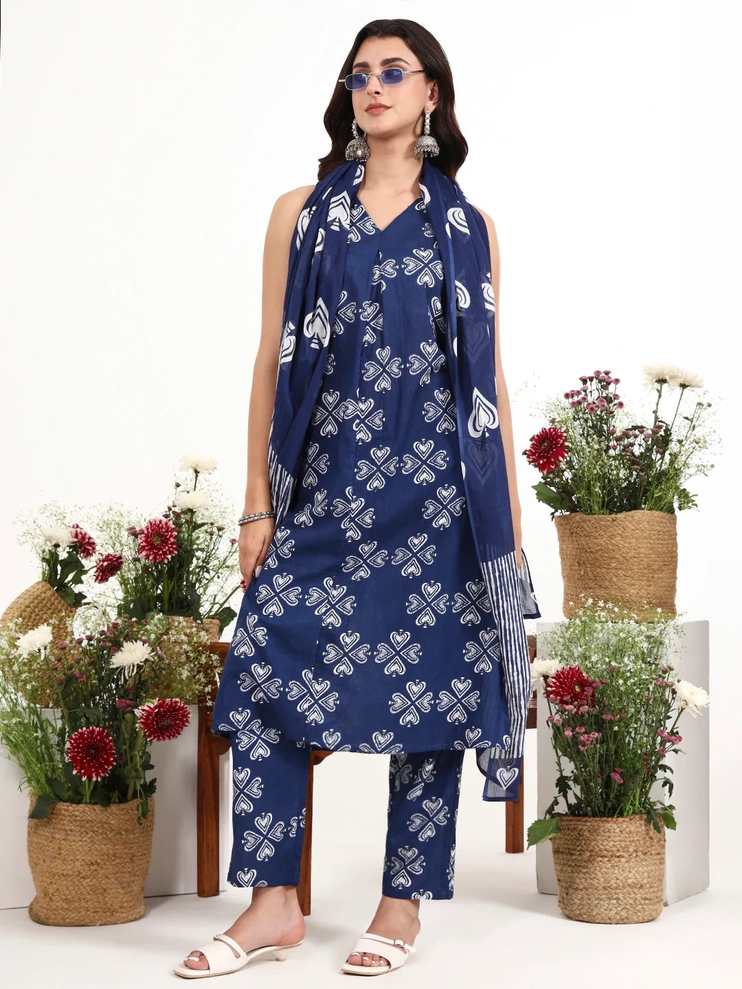 Navy Blue Cotton A-Line Kurta Pant Dupatta Set