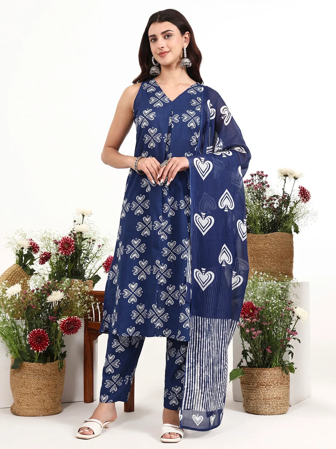 Navy Blue Cotton A-Line Kurta Pant Dupatta Set