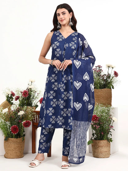 Navy Blue Cotton A-Line Kurta Pant Dupatta Set