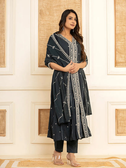 Navy Blue Cotton Embroidered Kurta Set With Dupatta