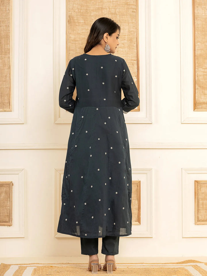 Navy Cotton Embroidered Kurta Set With Dupatta