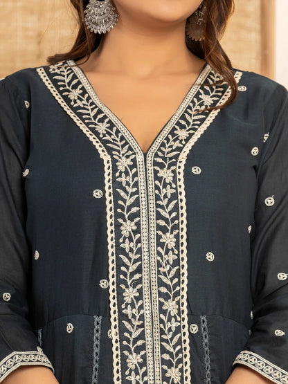 Navy Blue Cotton Embroidered Kurta Set With Dupatta