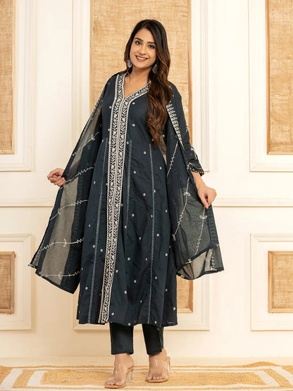 Navy Blue Cotton Embroidered Kurta Set With Dupatta
