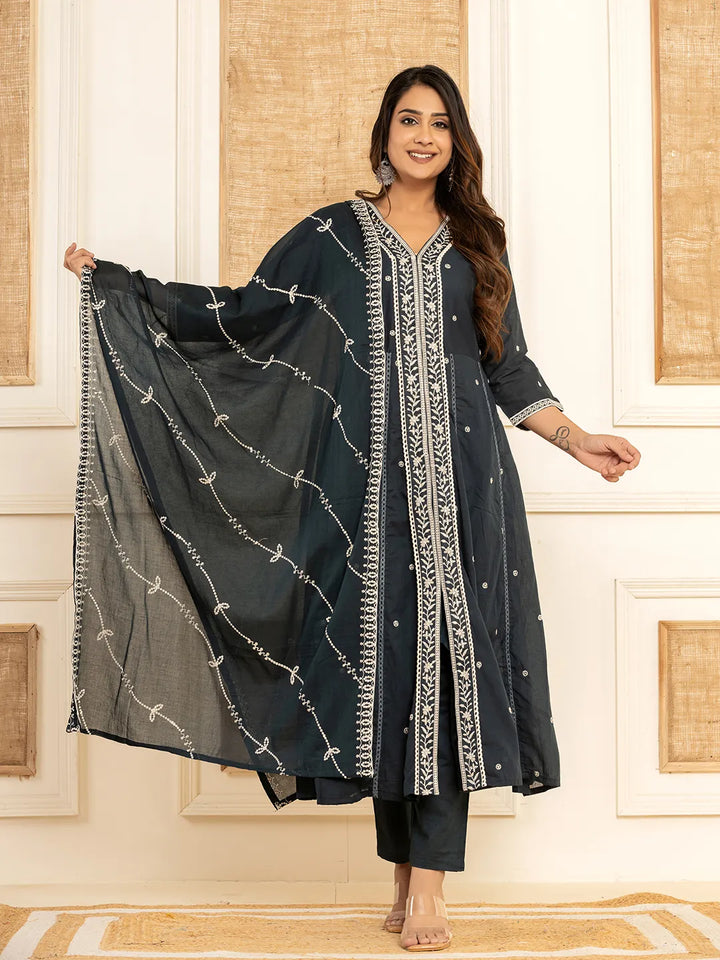 Navy Cotton Embroidered Kurta Set With Dupatta