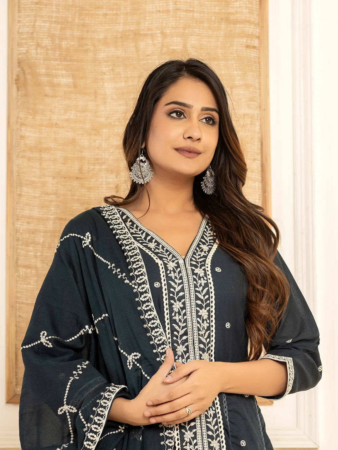 Navy Blue Cotton Embroidered Kurta Set With Dupatta