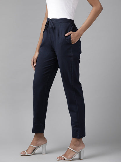 Navy Cotton Fit Trousers