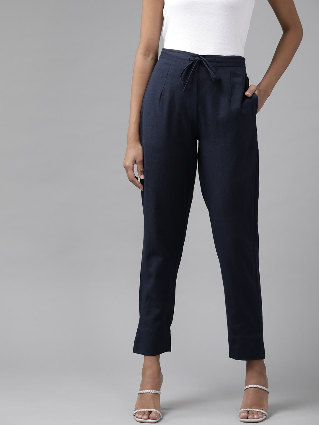 Women's Navy Cotton Navy Blue Cotton Fit Trousers by Yufta, suitable for wholesale buyers, boutiques, retailers, resellers and bulk fashion orders from Trendphoria
