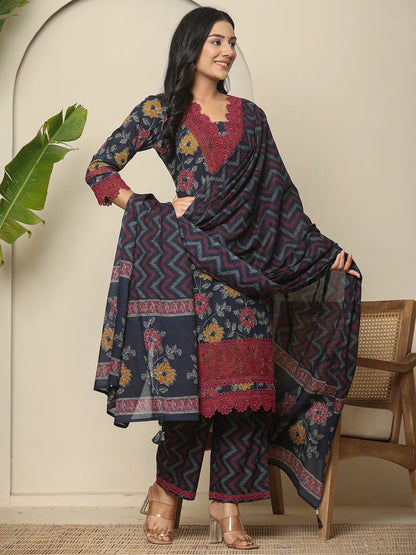 Navy Blue Cotton Kurta Dupatta Set With Lace Detailing