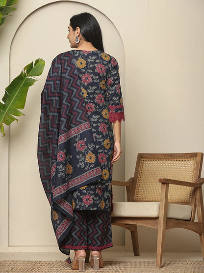 Navy Blue Cotton Kurta Dupatta Set With Lace Detailing