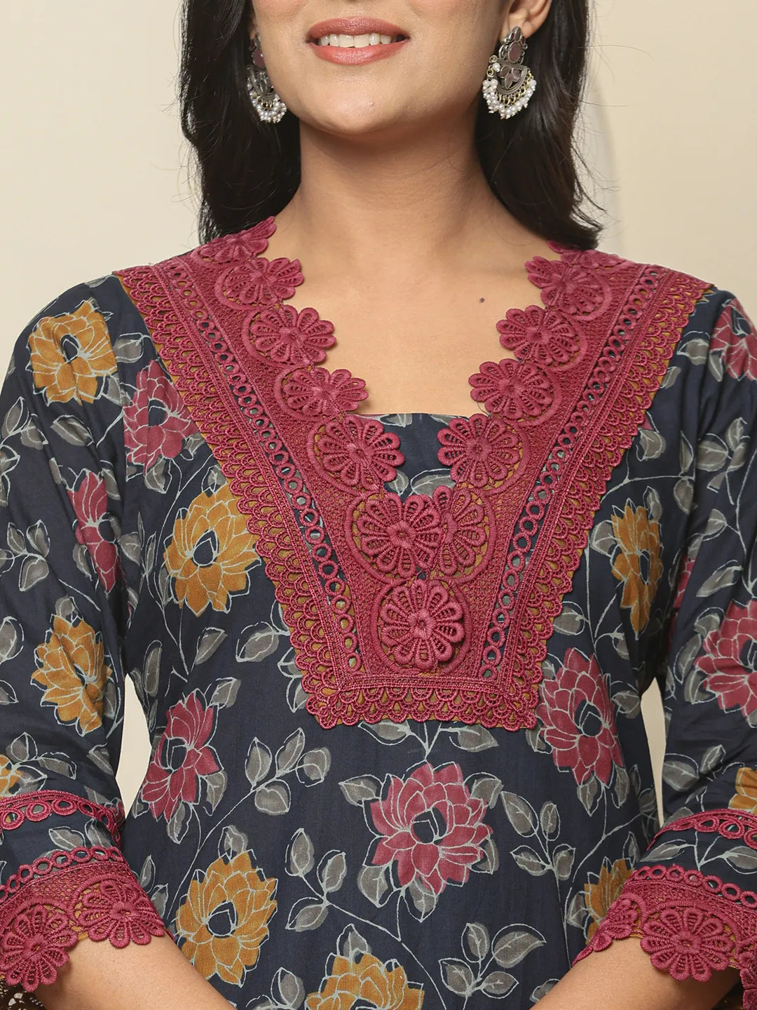 Navy Blue Cotton Kurta Dupatta Set With Lace Detailing