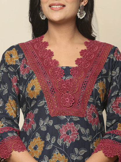 Navy Blue Cotton Kurta Dupatta Set With Lace Detailing