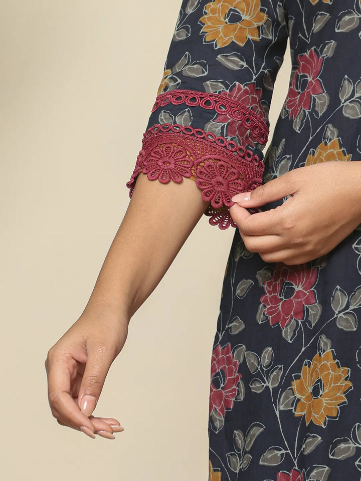 Navy Cotton Kurta Dupatta Set With Lace Detailing