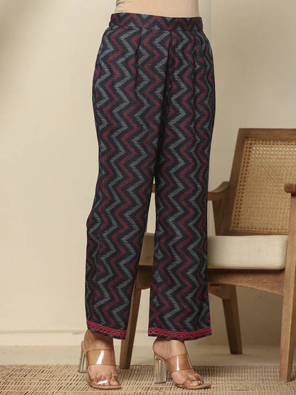 Navy Blue Cotton Kurta Dupatta Set With Lace Detailing