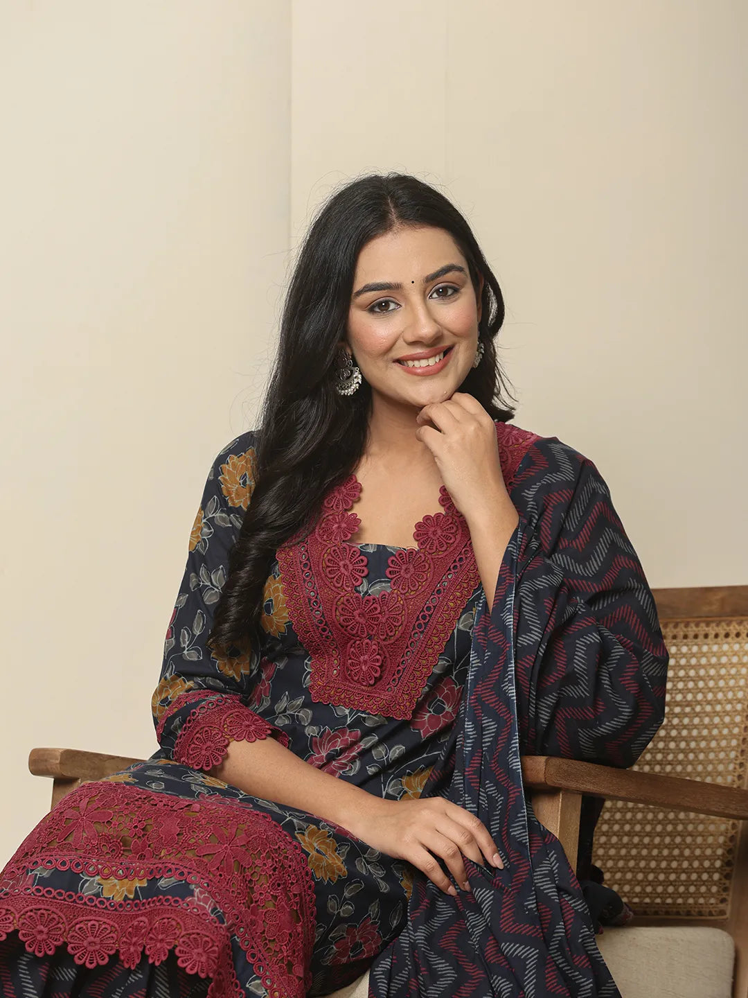 Navy Blue Cotton Kurta Dupatta Set With Lace Detailing