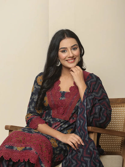 Navy Blue Cotton Kurta Dupatta Set With Lace Detailing