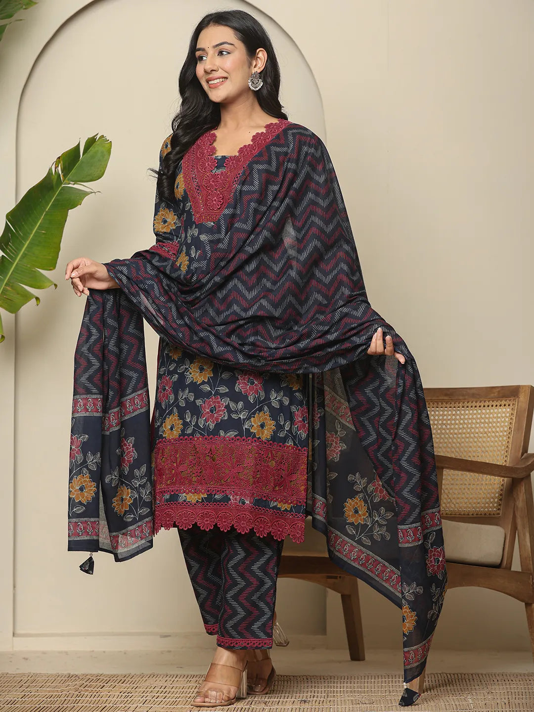 Navy Blue Cotton Kurta Dupatta Set With Lace Detailing