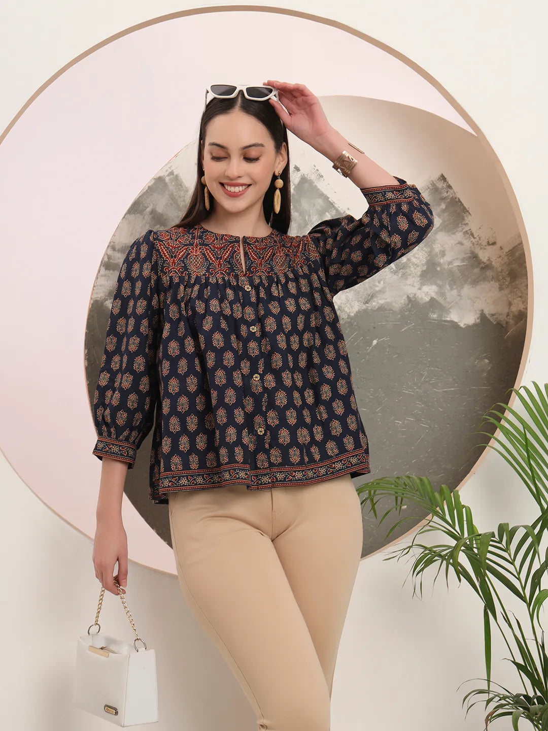 Navy Cotton Peplum Top