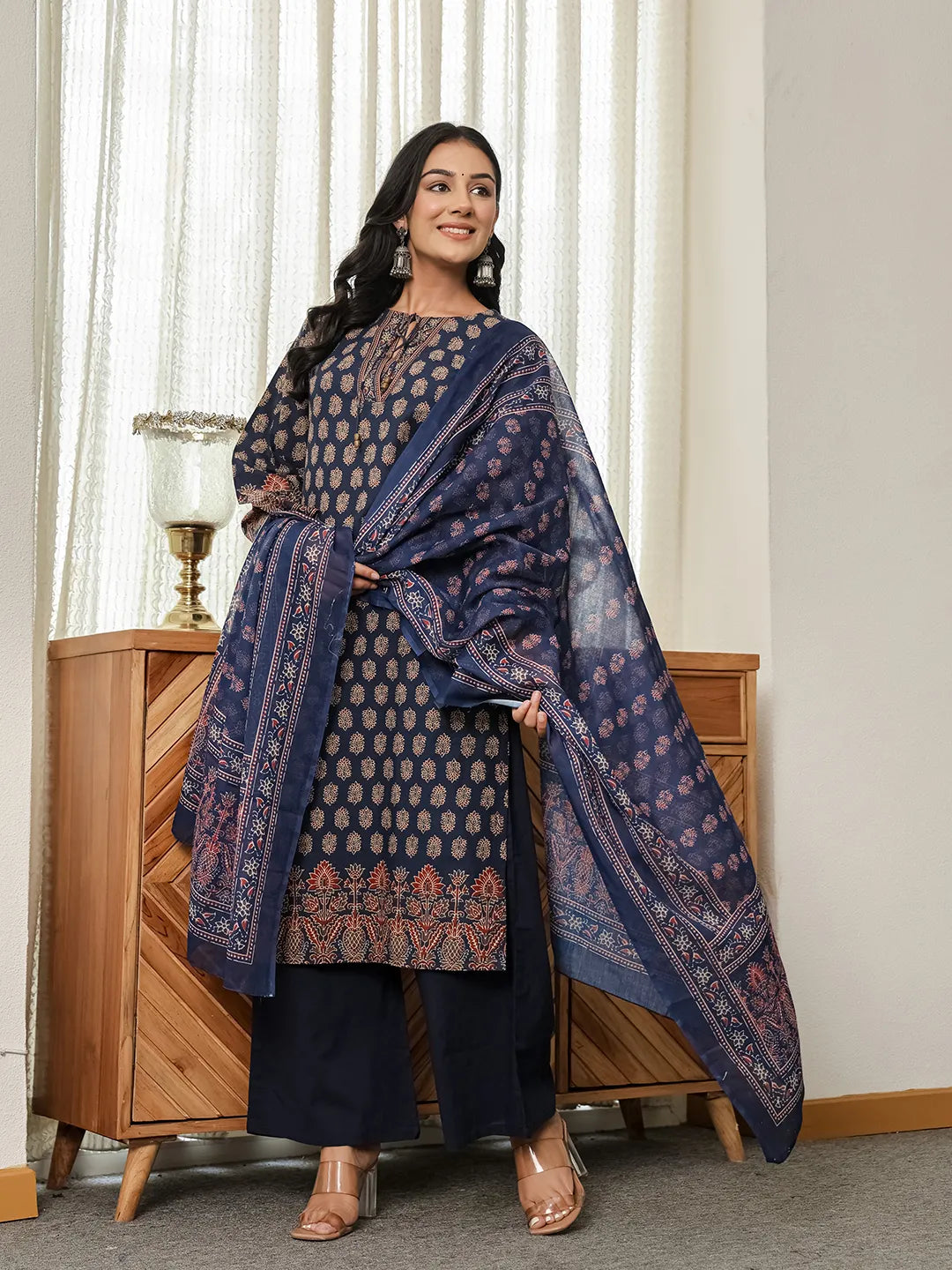 Navy Cotton Straight Kurta Palazzo Dupatta Set