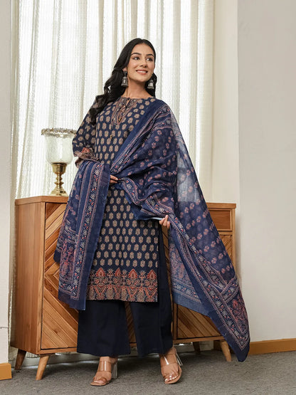 Navy Blue Cotton Straight Kurta Palazzo Dupatta Set