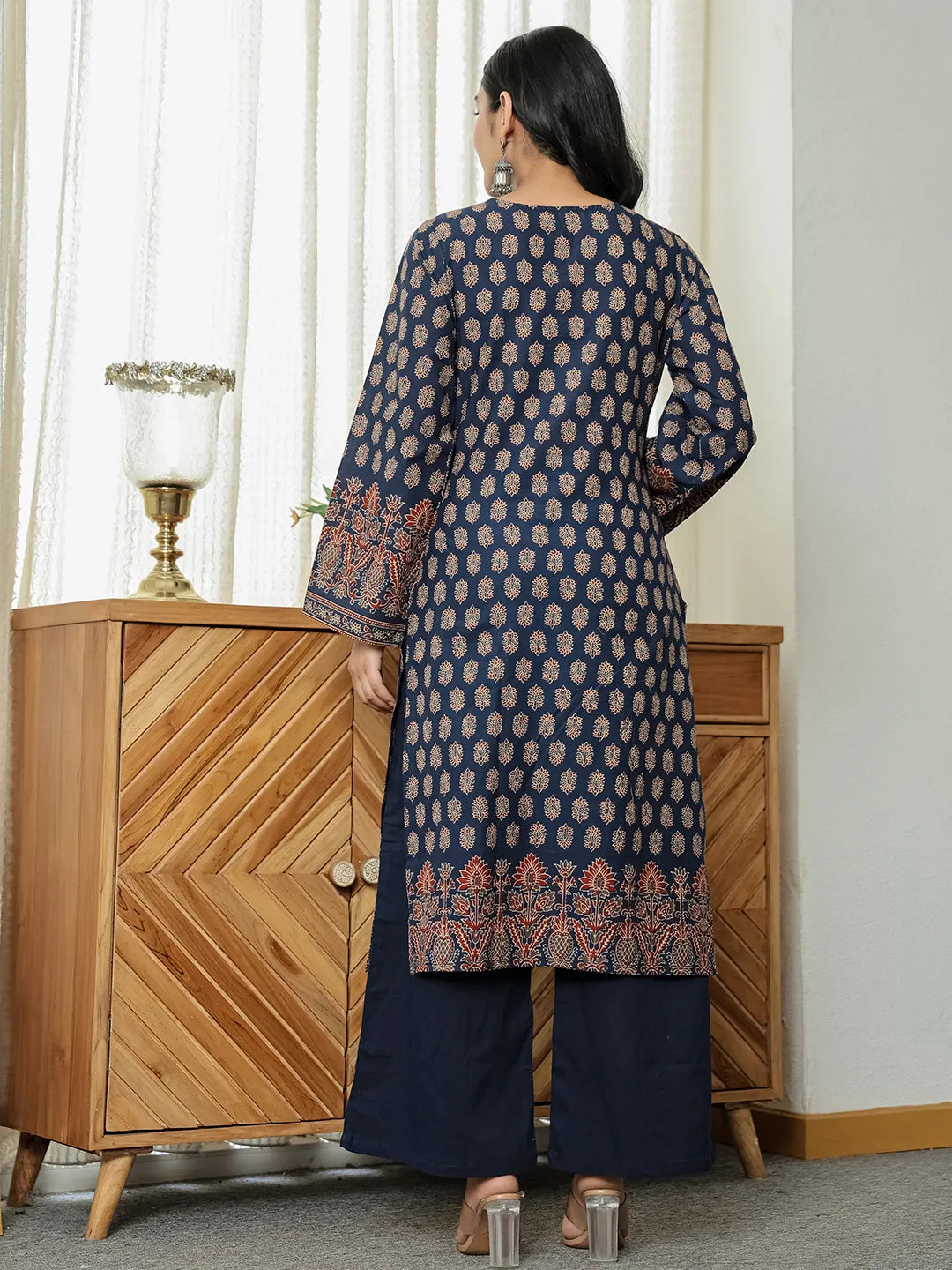 Navy Cotton Straight Kurta Palazzo Dupatta Set