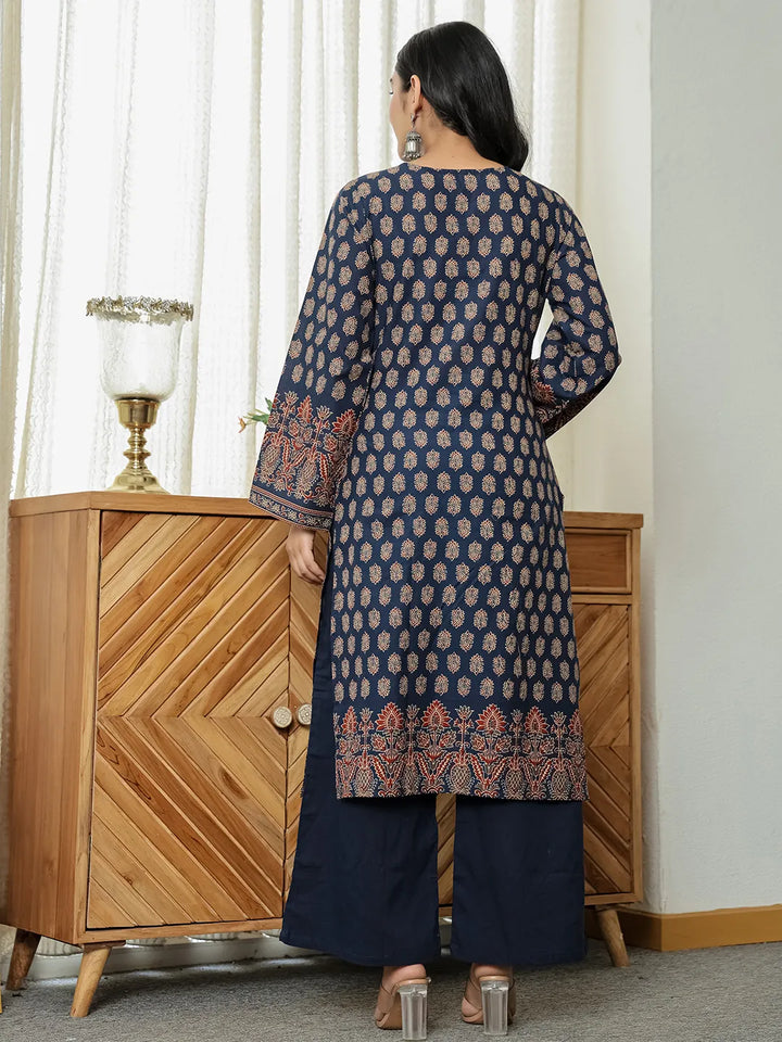 Navy Cotton Straight Kurta Palazzo Dupatta Set