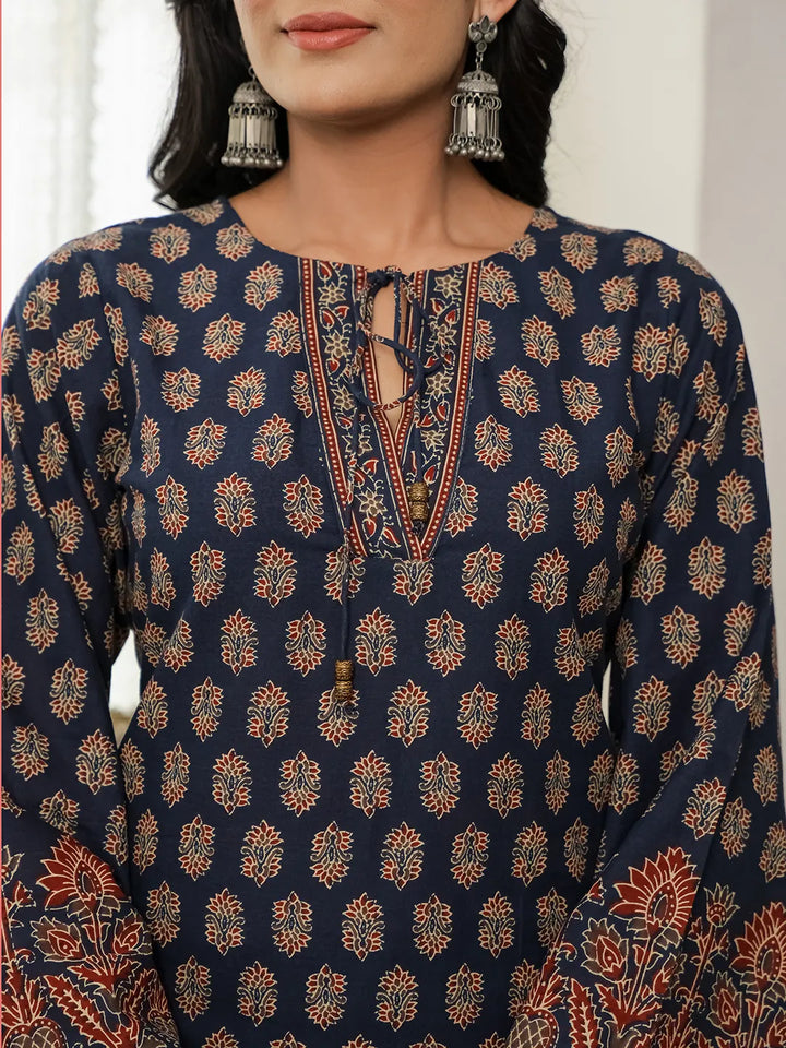 Navy Cotton Straight Kurta Palazzo Dupatta Set