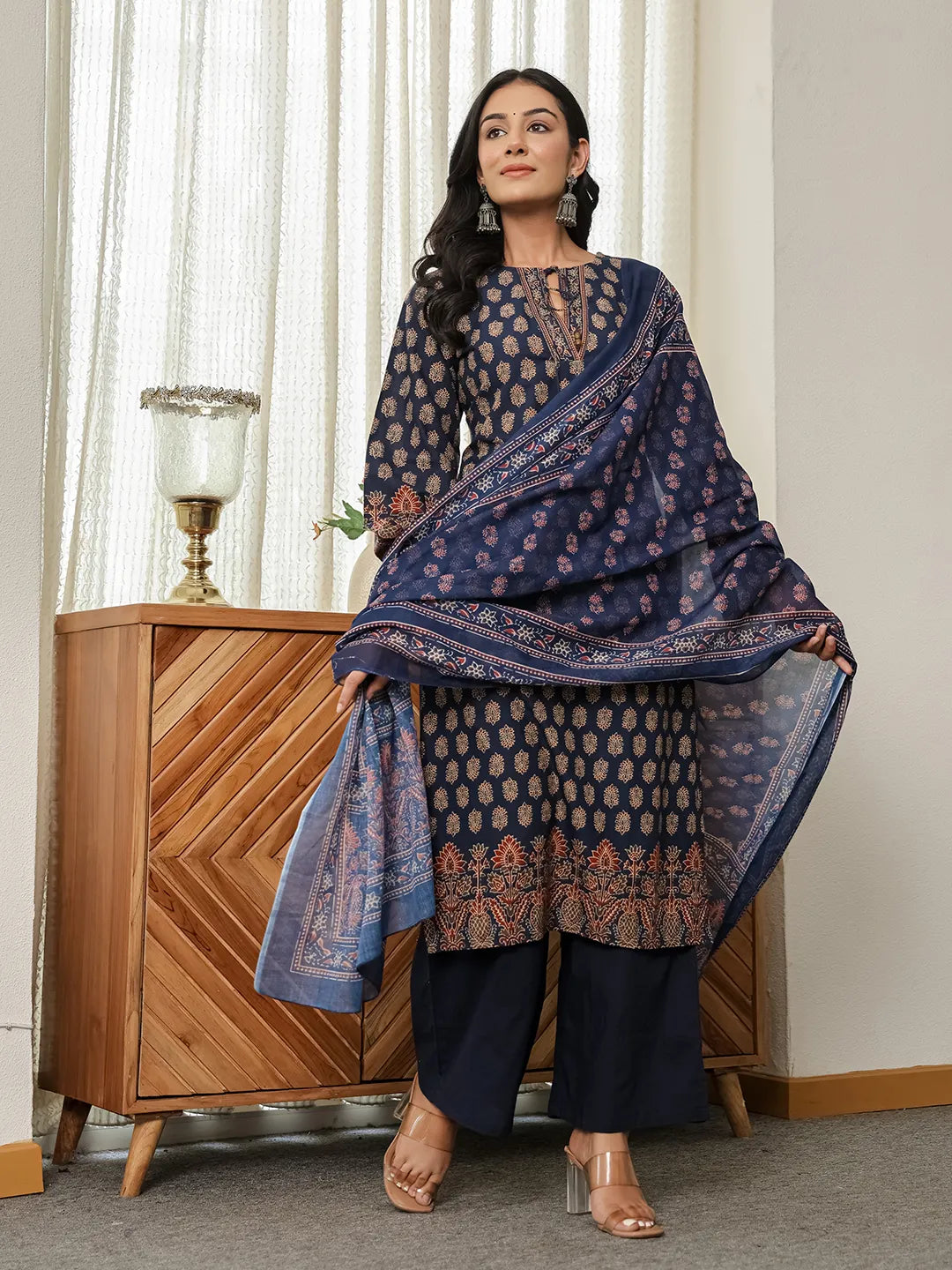 Navy Blue Cotton Straight Kurta Palazzo Dupatta Set