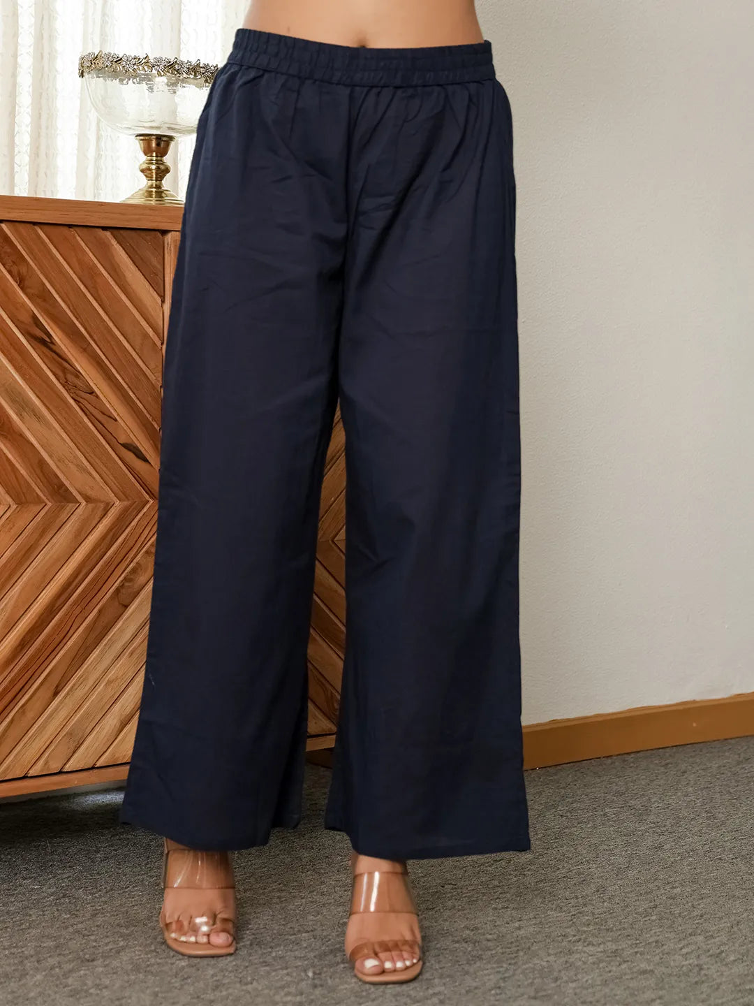 Navy Blue Cotton Straight Kurta Palazzo Dupatta Set