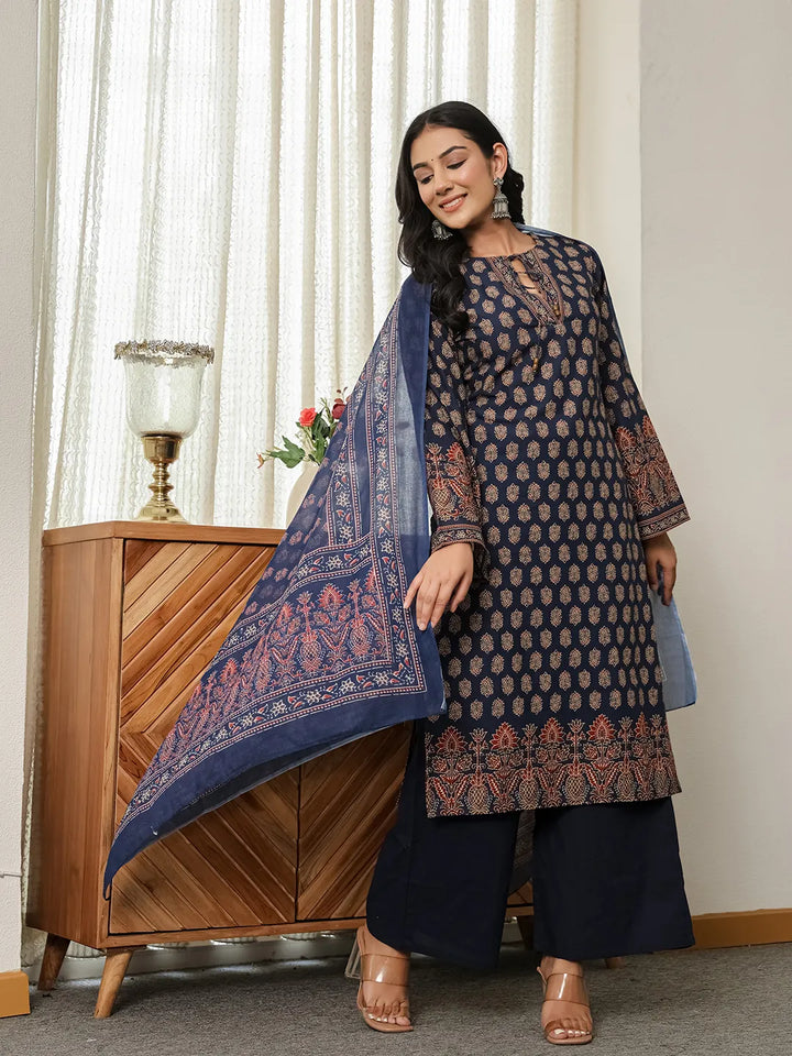Navy Cotton Straight Kurta Palazzo Dupatta Set