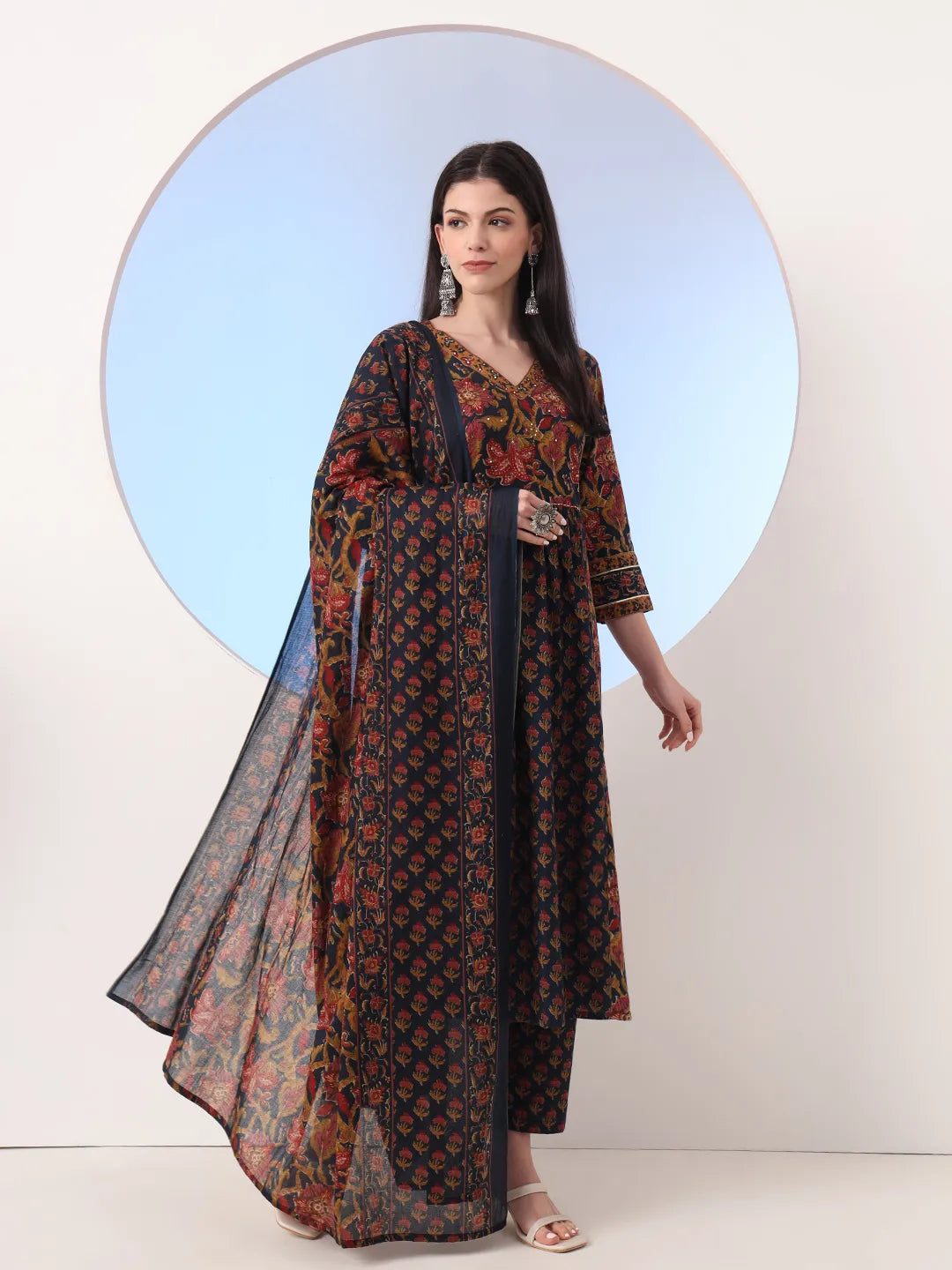 Navy Blue Floral A-Line Sequins Work Kurta And Trouser With Dupatta Set
