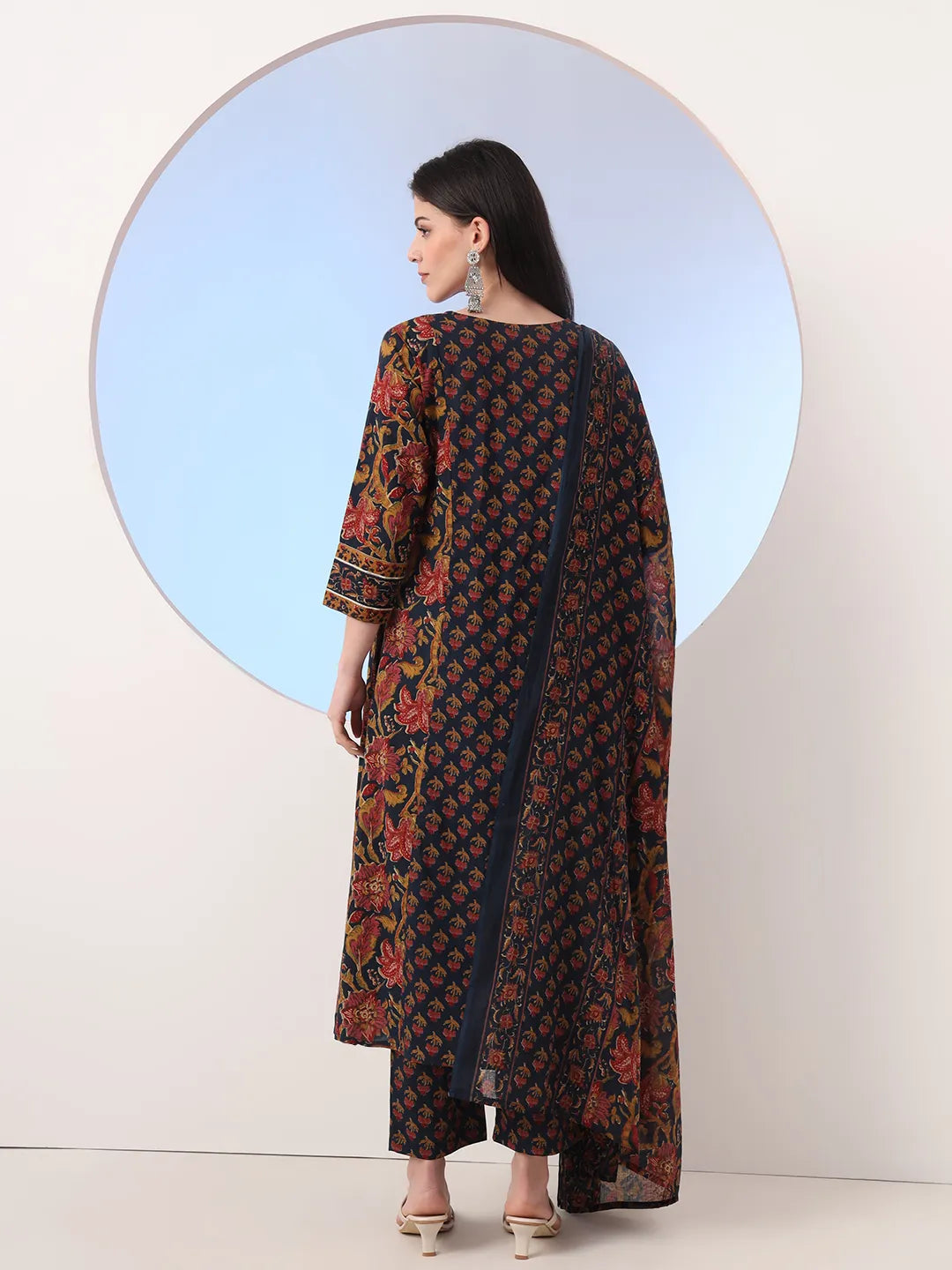 Navy Blue Floral A-Line Sequins Work Kurta And Trouser With Dupatta Set