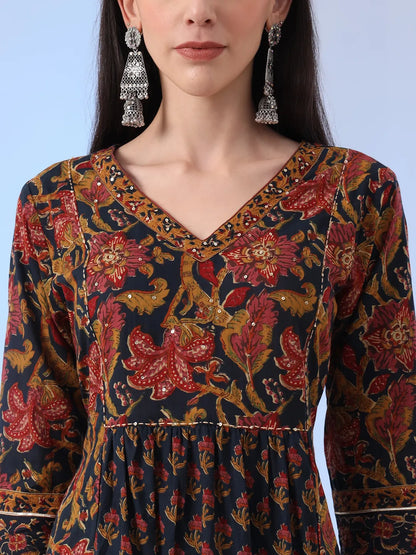Navy Blue Floral A-Line Sequins Work Kurta And Trouser With Dupatta Set