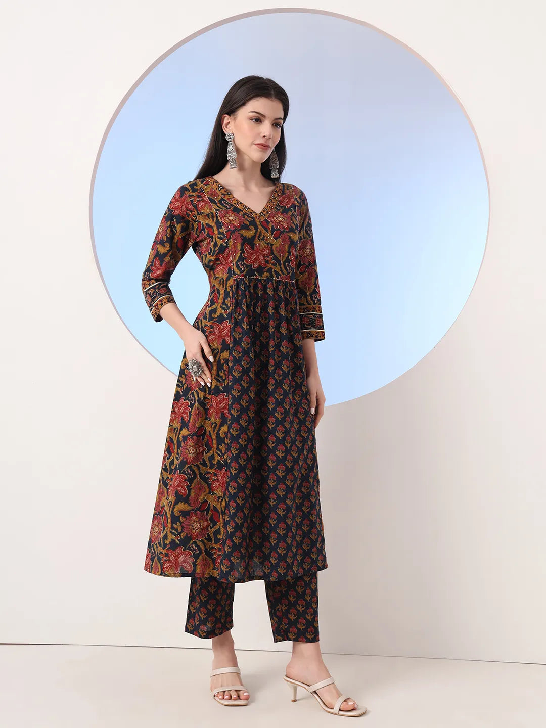 Navy Floral A-Line Sequins Work Kurta And Trouser With Dupatta Set