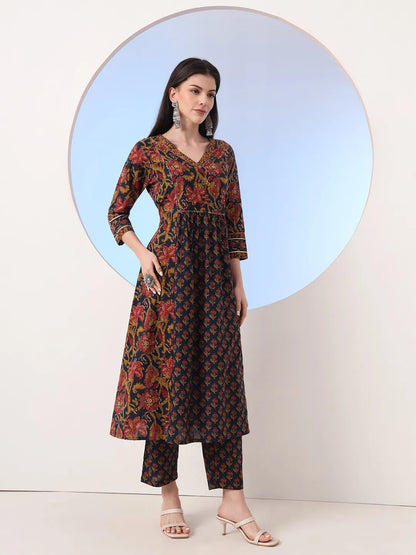 Navy Blue Floral A-Line Sequins Work Kurta And Trouser With Dupatta Set