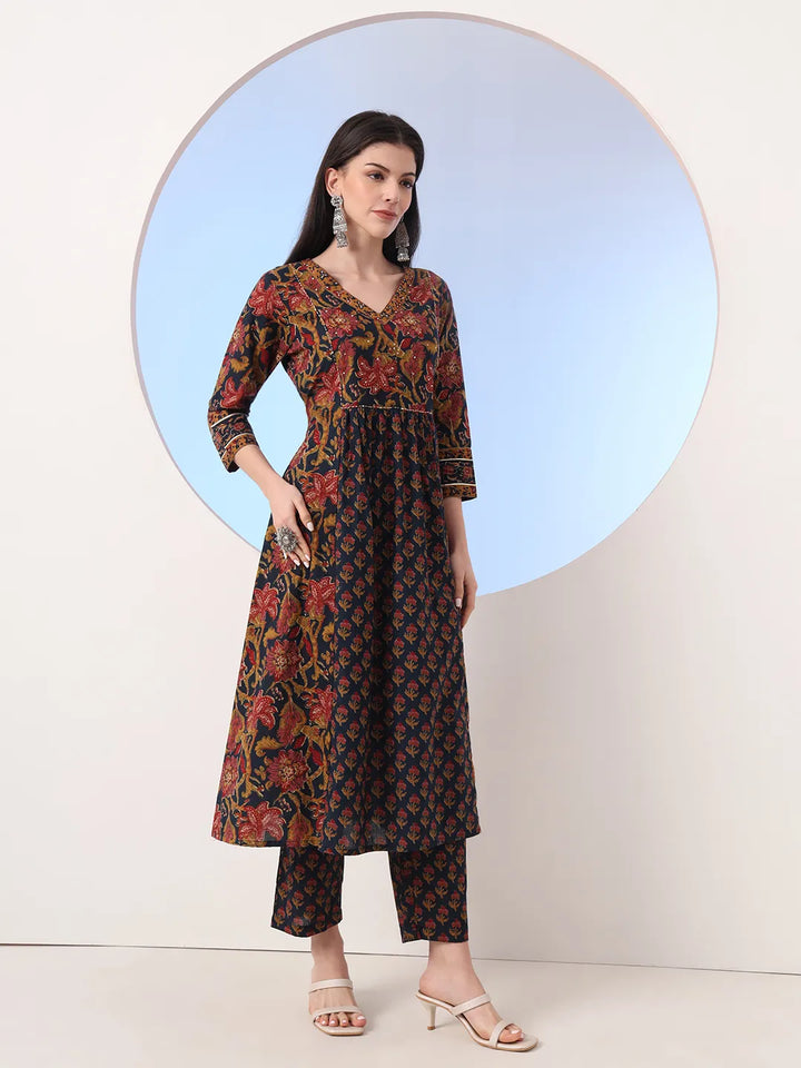 Navy Floral A-Line Sequins Work Kurta And Trouser With Dupatta Set