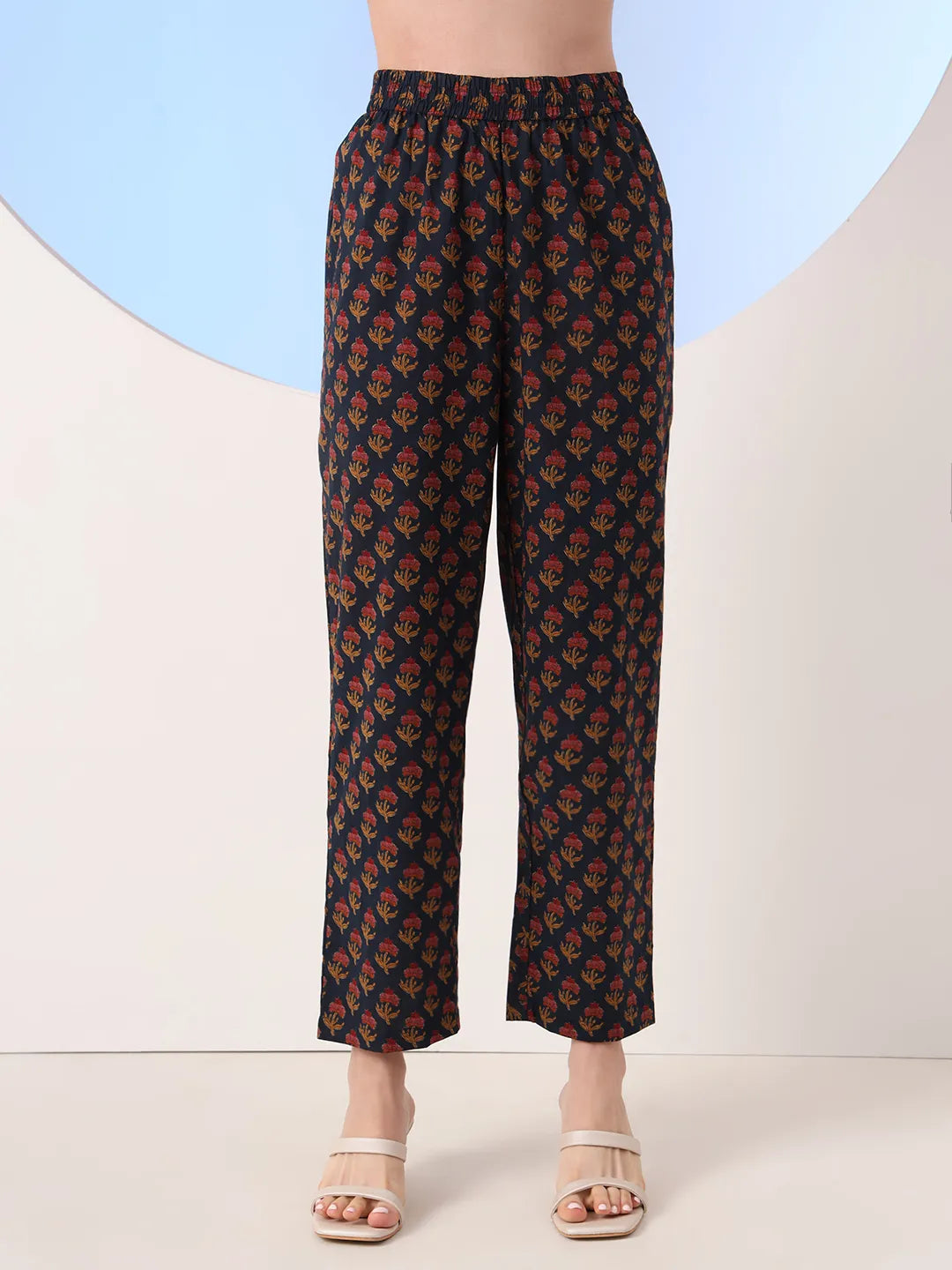 Navy Floral A-Line Sequins Work Kurta And Trouser With Dupatta Set