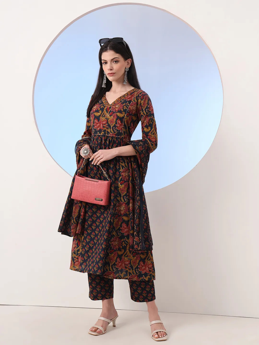 Navy Floral A-Line Sequins Work Kurta And Trouser With Dupatta Set