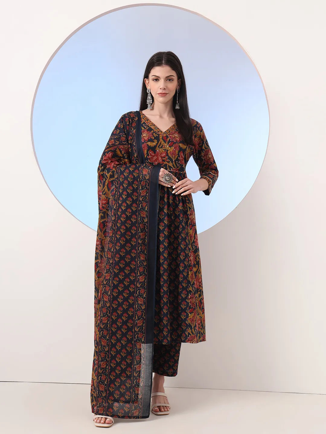 Navy Blue Floral A-Line Sequins Work Kurta And Trouser With Dupatta Set