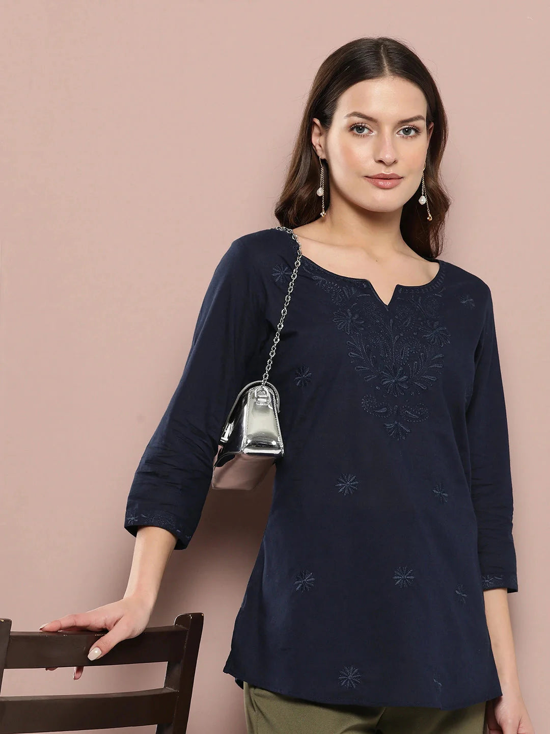 Navy Floral Chikankari Embroidered Pure Cotton Top